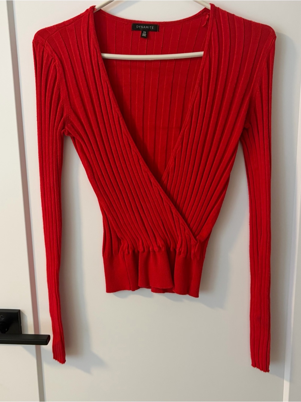 Dynamite Ribbed Wrap V-Neck Sweater - Red - Picture 2 of 4